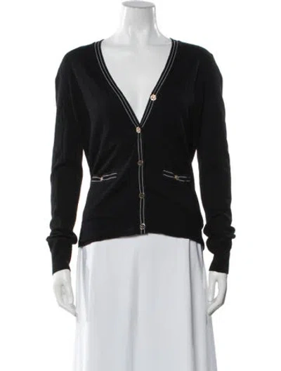 Pre-owned Tory Burch Merino Wool V-neck Sweater In Black
