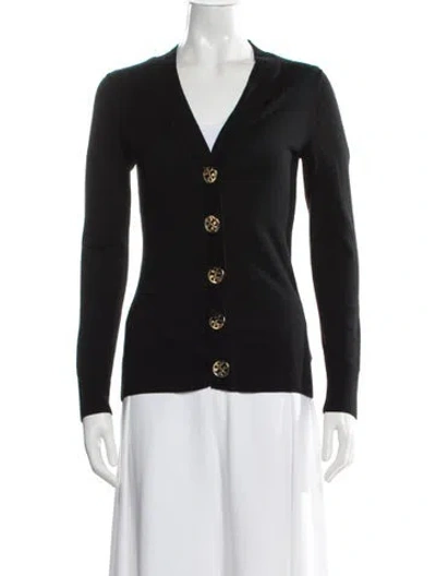 Pre-owned Tory Burch Merino Wool V-neck Sweater In Black