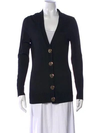 Pre-owned Tory Burch Merino Wool V-neck Sweater In Black