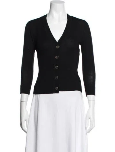 Pre-owned Tory Burch Merino Wool V-neck Sweater In Black