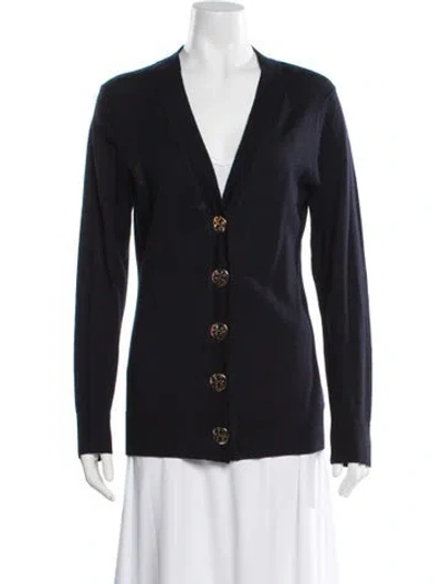 Pre-owned Tory Burch Merino Wool V-neck Sweater In Black