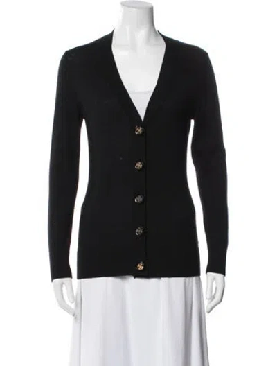 Pre-owned Tory Burch Merino Wool V-neck Sweater In Black