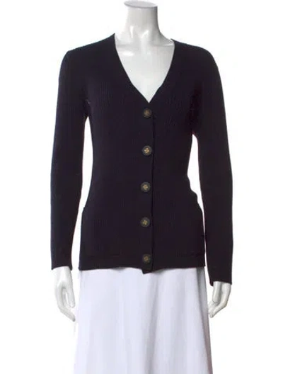 Pre-owned Tory Burch Merino Wool V-neck Sweater In Black