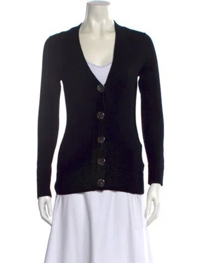 Pre-owned Tory Burch Merino Wool V-neck Sweater In Black