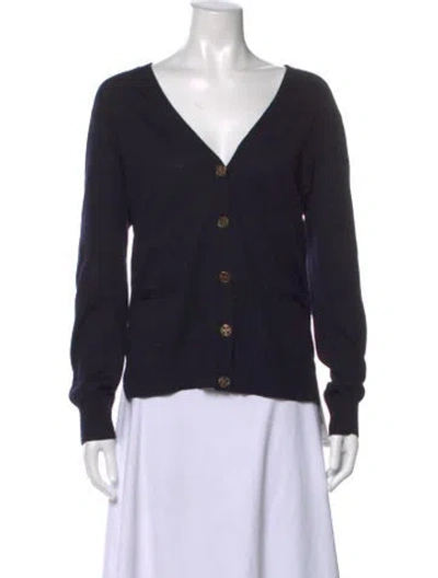 Pre-owned Tory Burch Merino Wool V-neck Sweater In Black
