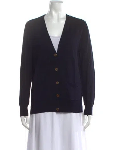 Pre-owned Tory Burch Merino Wool V-neck Sweater In Black