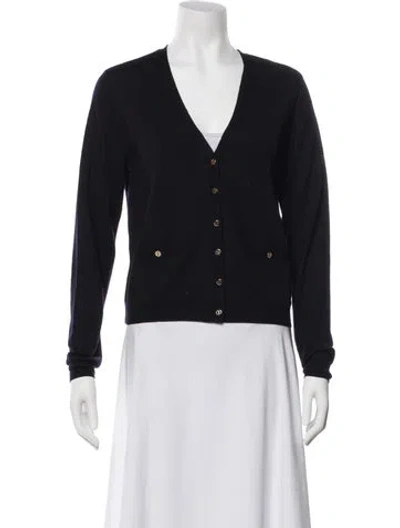 Pre-owned Tory Burch Merino Wool V-neck Sweater In Black