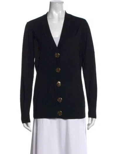 Pre-owned Tory Burch Merino Wool V-neck Sweater In Black