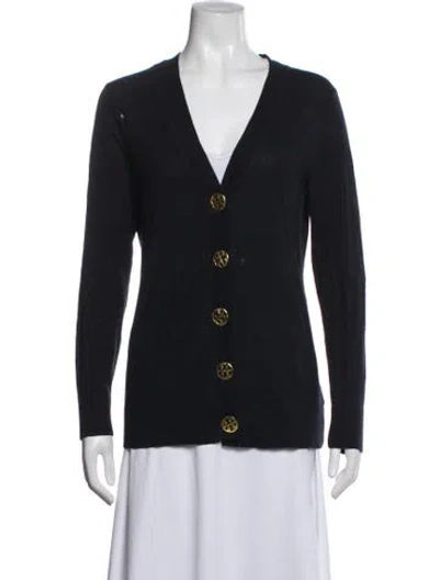 Pre-owned Tory Burch Merino Wool V-neck Sweater In Black