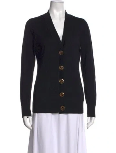 Pre-owned Tory Burch Merino Wool V-neck Sweater In Black