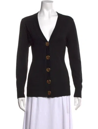 Pre-owned Tory Burch Merino Wool V-neck Sweater In Black