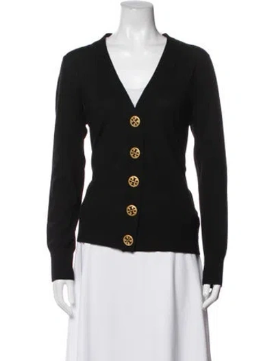 Pre-owned Tory Burch Merino Wool V-neck Sweater In Black