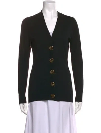 Pre-owned Tory Burch Merino Wool V-neck Sweater In Black