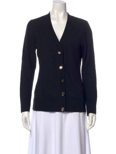 Pre-owned Tory Burch Merino Wool V-neck Sweater In Blue