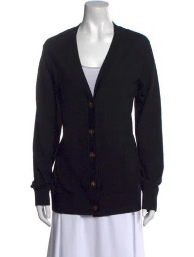 Pre-owned Tory Burch Merino Wool V-neck Sweater In Blue