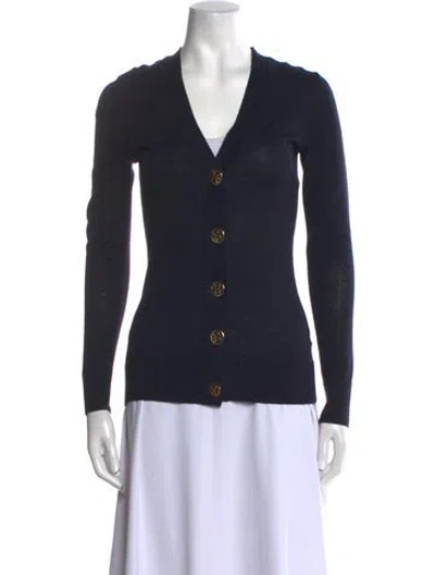 Pre-owned Tory Burch Merino Wool V-neck Sweater In Blue