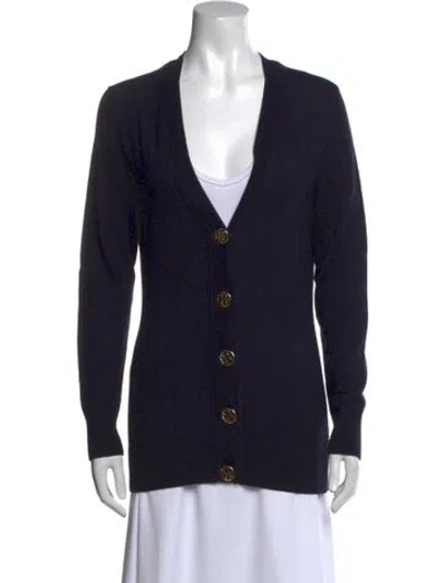 Pre-owned Tory Burch Merino Wool V-neck Sweater In Blue