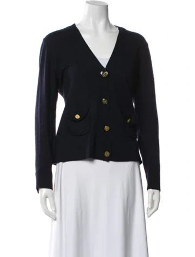 Pre-owned Tory Burch Merino Wool V-neck Sweater In Blue