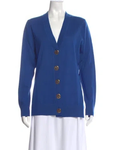 Pre-owned Tory Burch Merino Wool V-neck Sweater In Blue