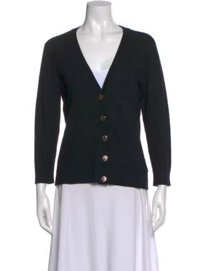 Pre-owned Tory Burch Merino Wool V-neck Sweater In Blue