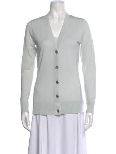 Pre-owned Tory Burch Merino Wool V-neck Sweater In Blue