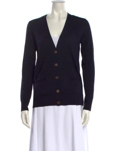 Pre-owned Tory Burch Merino Wool V-neck Sweater In Blue