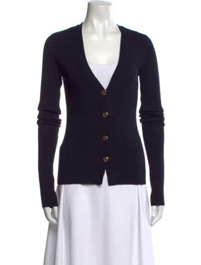 Pre-owned Tory Burch Merino Wool V-neck Sweater In Blue