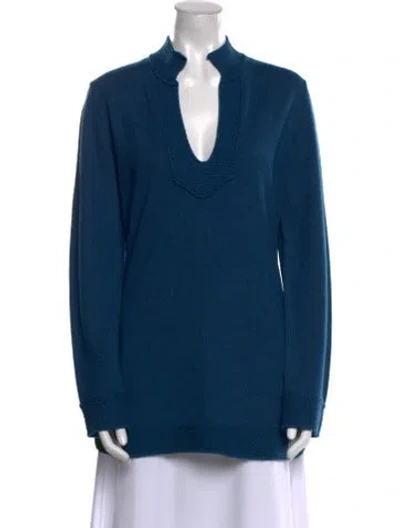 Pre-owned Tory Burch Merino Wool V-neck Sweater In Blue