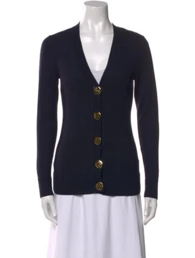 Pre-owned Tory Burch Merino Wool V-neck Sweater In Blue