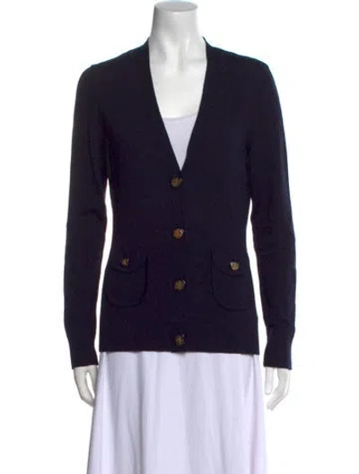 Pre-owned Tory Burch Merino Wool V-neck Sweater In Blue