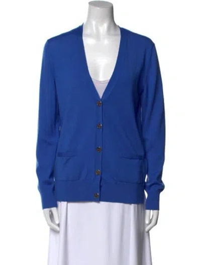 Pre-owned Tory Burch Merino Wool V-neck Sweater In Blue
