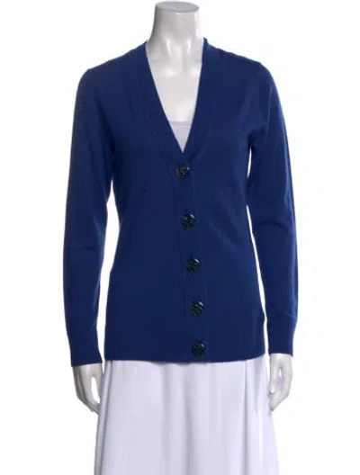 Pre-owned Tory Burch Merino Wool V-neck Sweater In Blue
