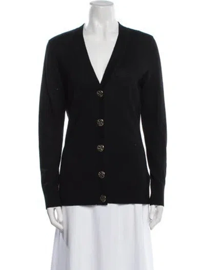 Pre-owned Tory Burch Merino Wool V-neck Sweater In Blue