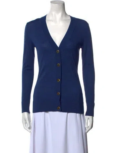 Pre-owned Tory Burch Merino Wool V-neck Sweater In Blue