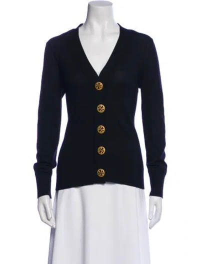 Pre-owned Tory Burch Merino Wool V-neck Sweater In Blue