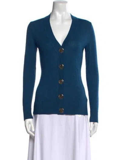 Pre-owned Tory Burch Merino Wool V-neck Sweater In Blue