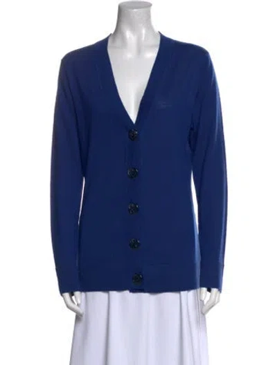Pre-owned Tory Burch Merino Wool V-neck Sweater In Blue