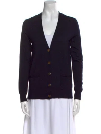 Pre-owned Tory Burch Merino Wool V-neck Sweater In Blue