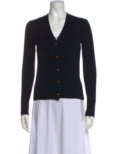 Pre-owned Tory Burch Merino Wool V-neck Sweater In Blue