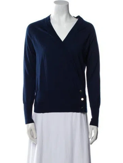 Pre-owned Tory Burch Merino Wool V-neck Sweater In Blue