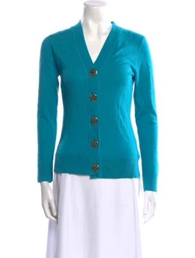Pre-owned Tory Burch Merino Wool V-neck Sweater In Blue