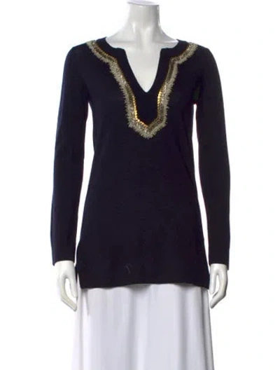 Pre-owned Tory Burch Merino Wool V-neck Sweater In Blue