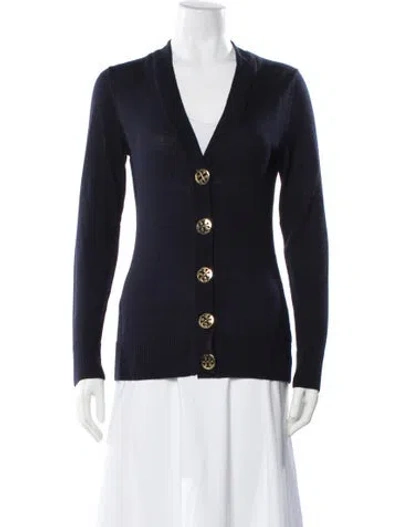 Pre-owned Tory Burch Merino Wool V-neck Sweater In Blue