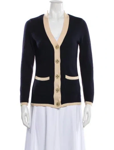 Pre-owned Tory Burch Merino Wool V-neck Sweater In Blue