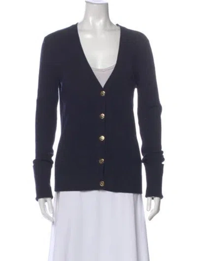 Pre-owned Tory Burch Merino Wool V-neck Sweater In Blue