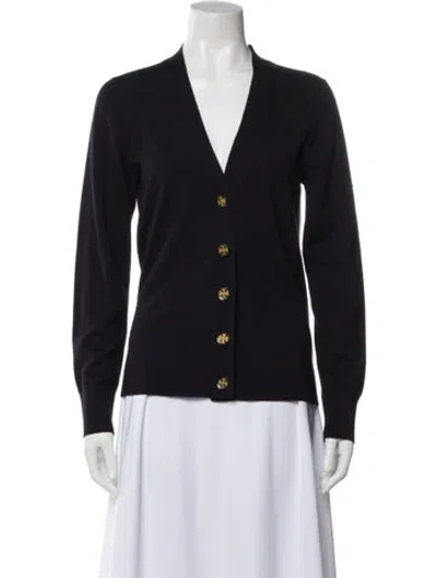 Pre-owned Tory Burch Merino Wool V-neck Sweater In Blue