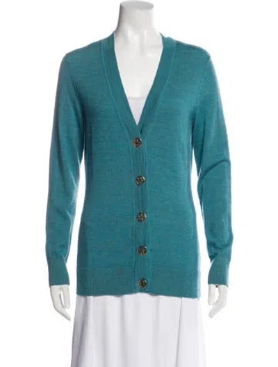 Pre-owned Tory Burch Merino Wool V-neck Sweater In Blue