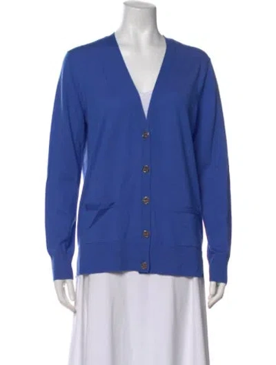 Pre-owned Tory Burch Merino Wool V-neck Sweater In Blue