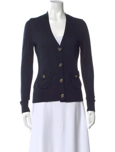 Pre-owned Tory Burch Merino Wool V-neck Sweater In Blue