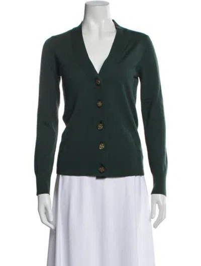 Pre-owned Tory Burch Merino Wool V-neck Sweater In Blue